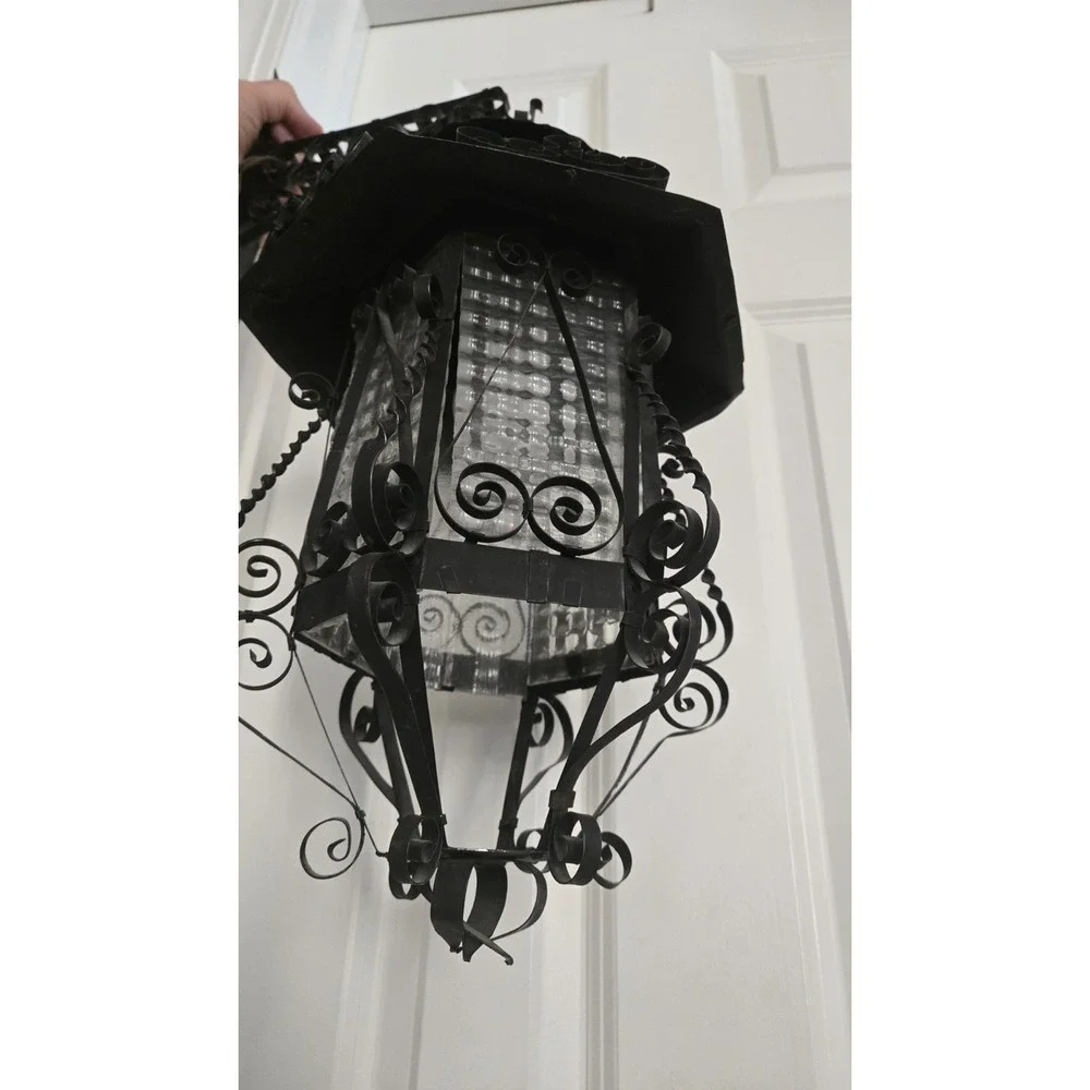 Antique Lantern  Iron Pendant Chandelier Scrolled Glass Gothic Spanish Revival